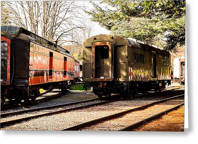 Vintage Train Cars on Tracks - Greeting Card