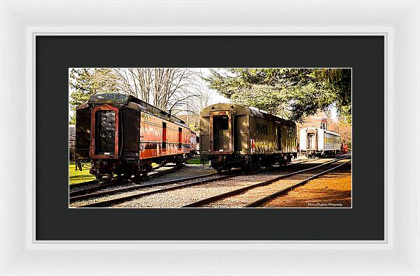 Vintage Train Cars on Tracks - Framed Print