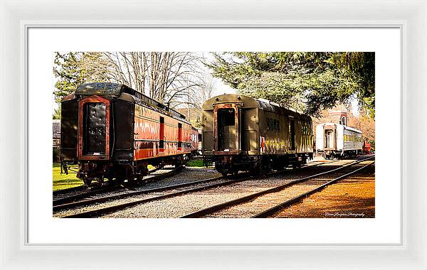 Vintage Train Cars on Tracks - Framed Print