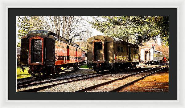 Vintage Train Cars on Tracks - Framed Print