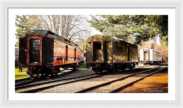 Vintage Train Cars on Tracks - Framed Print