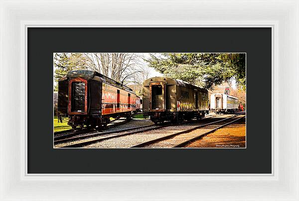 Vintage Train Cars on Tracks - Framed Print