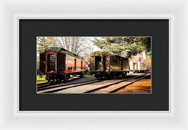 Vintage Train Cars on Tracks - Framed Print