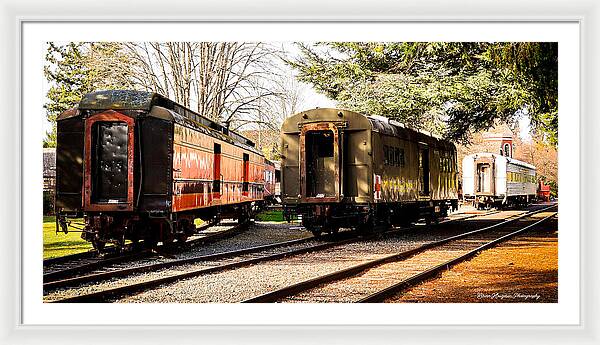 Vintage Train Cars on Tracks - Framed Print