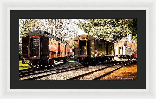 Vintage Train Cars on Tracks - Framed Print