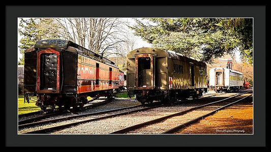 Vintage Train Cars on Tracks - Framed Print